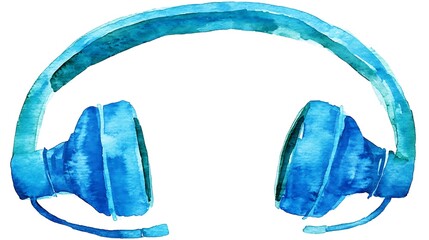 Poster - Watercolor painting of blue headphones with a microphone, isolated on a white background. The headphones are depicted in shades of light and dark blue, creating a textured and artistic effect. The