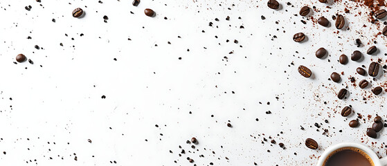Poster - Minimalistic white background with coffee beans and a cup of espresso, top view. 