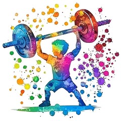 Poster - Colorful watercolor illustration of a person performing a weightlifting exercise. The figure is depicted in a dynamic pose, with a barbell overhead. The background features a vibrant array of