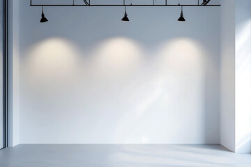 Poster - minimalist plain white wall with three track lights hanging from the ceiling, illuminating an empty 