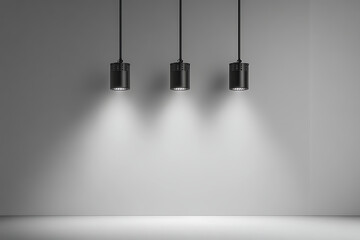 Poster - Minimalist plain white wall with three spotlights hanging from the ceiling, creating a dramatic effect on an empty room background.