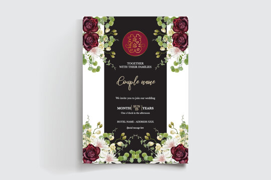 WEDDING INVITATION FRAME WITH FLOWER DECORATIONS AND FRESH LEAVES