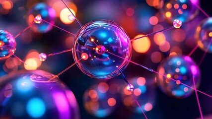 Animation of molecular structure with glowing spheres and colorful energy effects.