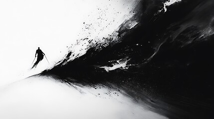 Poster - Abstract image of a lone figure skiing down a slope, depicted in stark black and white. The dynamic composition features a dramatic contrast between dark, textured shapes suggesting movement and a