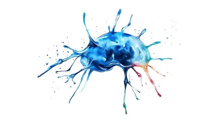 Poster - Abstract image of a vibrant blue paint splatter with splashes of red, green, and yellow against a white background. The splatter has an organic, almost biological form, with tendrils extending