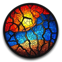 Poster - Abstract circular artwork depicting a sunset scene in vibrant red, orange, blue, and yellow tones. The style resembles stained glass or mosaic, with cracked, textured segments creating a unique