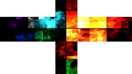 Poster - Abstract cross shaped artwork featuring vibrant, multicolored square blocks. The blocks showcase a range of colors, including blues, greens, purples, reds, oranges, and yellows.  The texture appears