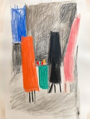 Poster - Abstract pastel artwork featuring orange, pink, blue, and green shapes against a gray background. The composition includes various geometric forms and a sense of depth.  The style suggests a modern