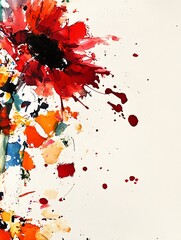 Poster - Abstract watercolor painting of a red flower with splashes of color on a textured off white background. The flower is the main focus, with vibrant red, orange, and yellow hues dominating the