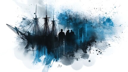 Poster - Abstract image of dark silhouettes of trees against a backdrop of blue and gray watercolor washes. The edges are textured with splatters and strokes, creating a dynamic and atmospheric effect.  The