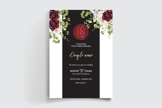 WEDDING INVITATION FRAME WITH FLOWER DECORATIONS AND FRESH LEAVES
