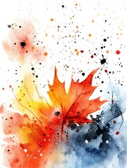 Poster - Watercolor painting of autumn leaves in shades of red, orange, yellow, and blue. Abstract background with splatters of paint. The leaves are the focal point, with soft edges and a painterly style