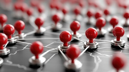 Poster - Red light bulb surrounded by multiple white pins representing ideas and innovations in digital banking infrastructure