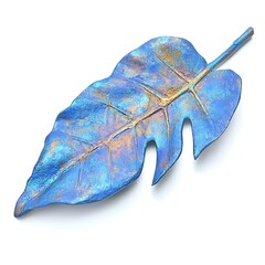 Poster - Close up view of a single, stylized leaf rendered in shades of blue with hints of gold, isolated on a white background. The leaf exhibits a textured, metallic appearance