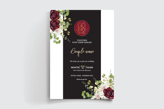 WEDDING INVITATION FRAME WITH FLOWER DECORATIONS AND FRESH LEAVES