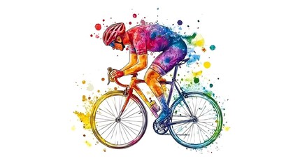 Poster - A vibrant watercolor style illustration of a cyclist in motion. The cyclist is depicted in a colorful, rainbow hued jersey, riding a road bike. The background features a splatter effect, adding to