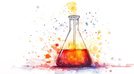 Poster - Watercolor painting of an Erlenmeyer flask with a vibrant, multicolored liquid and splash effect. The background is white with colorful watercolor splatters