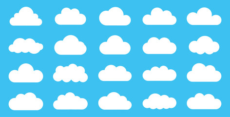 Poster - Set Of White Clouds On A Light Blue Background Different Shapes And Styles Weather And Sky Theme Isolated