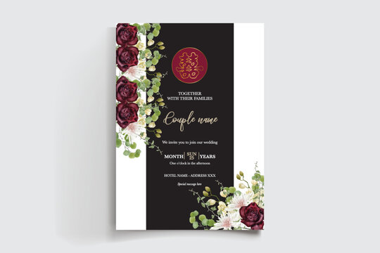WEDDING INVITATION FRAME WITH FLOWER DECORATIONS AND FRESH LEAVES