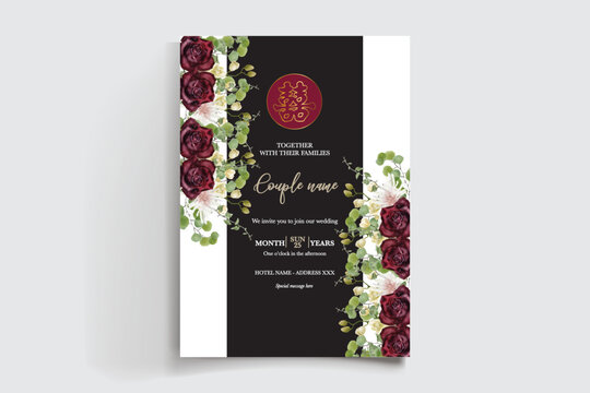 WEDDING INVITATION FRAME WITH FLOWER DECORATIONS AND FRESH LEAVES