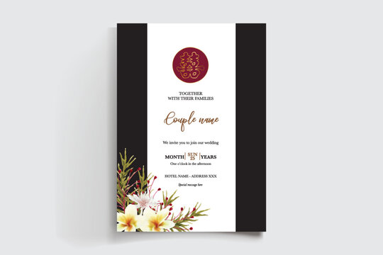 WEDDING INVITATION FRAME WITH FLOWER DECORATIONS AND FRESH LEAVES