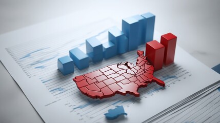 Poster - Usa map with a red arrow indicating upward growth in financial reports and fiscal analytics for economic insights