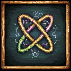 Poster - Intricate golden knot design on a dark green chalkboard background, framed in wood. The knot is multicolored with hints of purple and green, creating a mystical or spiritual feel. Pixel art style