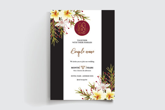 WEDDING INVITATION FRAME WITH FLOWER DECORATIONS AND FRESH LEAVES