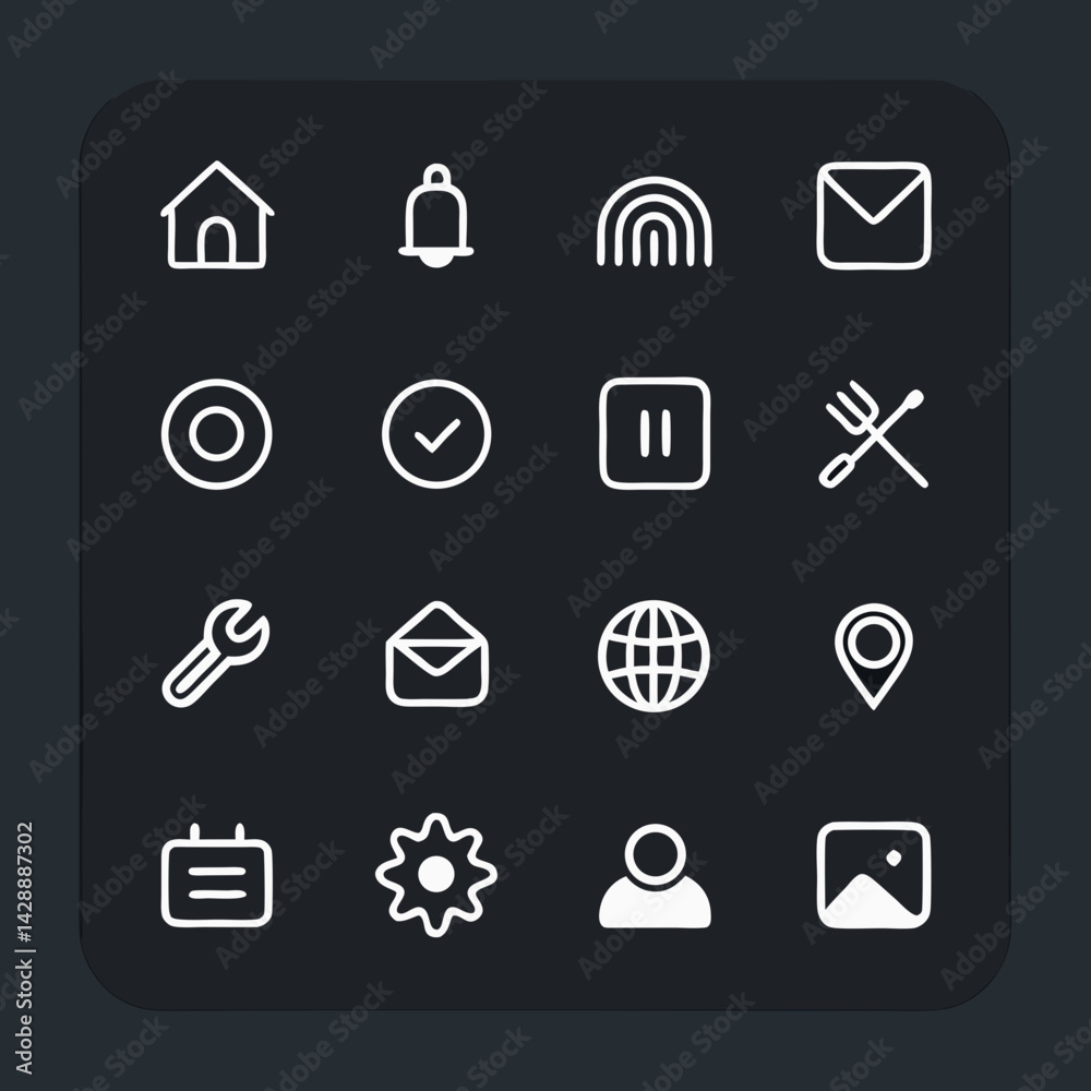 Design a solid black icon pack for a basic UI interface, including ...