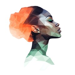 Poster - Profile view of a woman's face, depicted in a low polygonal style. The colors are predominantly orange, green, and brown, with a white background. The image evokes a sense of serenity and calm
