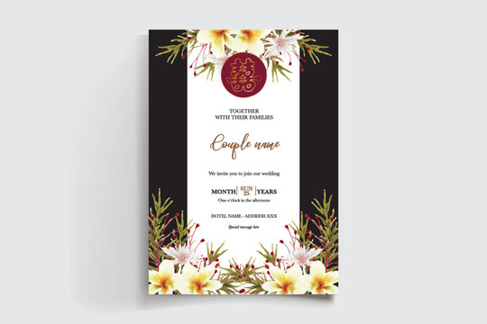 WEDDING INVITATION FRAME WITH FLOWER DECORATIONS AND FRESH LEAVES