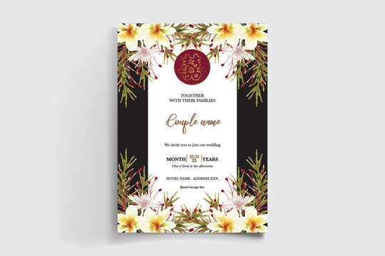 WEDDING INVITATION FRAME WITH FLOWER DECORATIONS AND FRESH LEAVES
