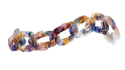 Poster - Watercolor painting of a chain with multicolored links. The links are painted in shades of orange, purple, blue, and brown. The chain is depicted in a wavy, flowing motion against a white background