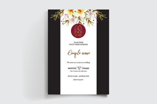 WEDDING INVITATION FRAME WITH FLOWER DECORATIONS AND FRESH LEAVES