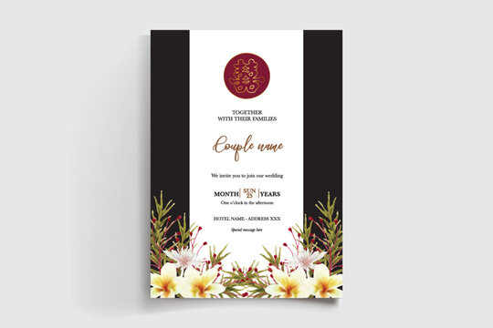 WEDDING INVITATION FRAME WITH FLOWER DECORATIONS AND FRESH LEAVES