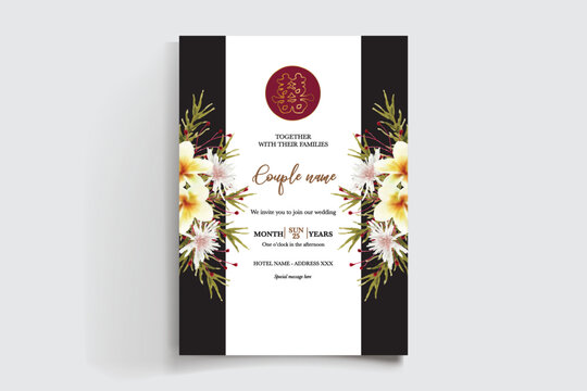 WEDDING INVITATION FRAME WITH FLOWER DECORATIONS AND FRESH LEAVES