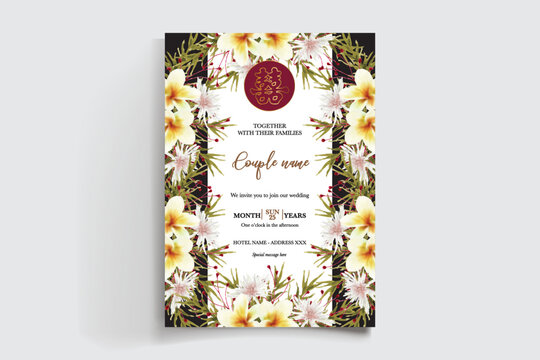WEDDING INVITATION FRAME WITH FLOWER DECORATIONS AND FRESH LEAVES