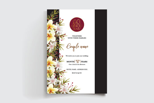 WEDDING INVITATION FRAME WITH FLOWER DECORATIONS AND FRESH LEAVES