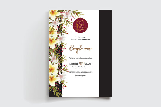 WEDDING INVITATION FRAME WITH FLOWER DECORATIONS AND FRESH LEAVES