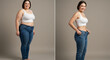 © CrisAlca - Comparative photo of a woman's full body before and after weight loss, with a white background and a natural appearance.