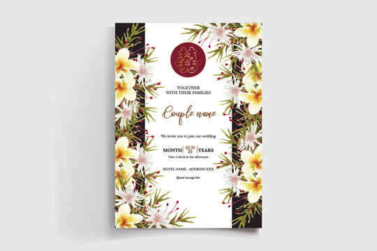 WEDDING INVITATION FRAME WITH FLOWER DECORATIONS AND FRESH LEAVES