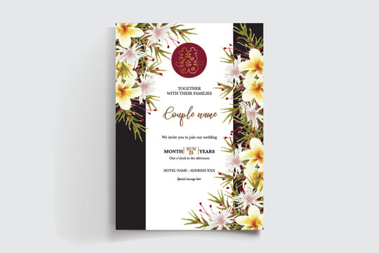 WEDDING INVITATION FRAME WITH FLOWER DECORATIONS AND FRESH LEAVES