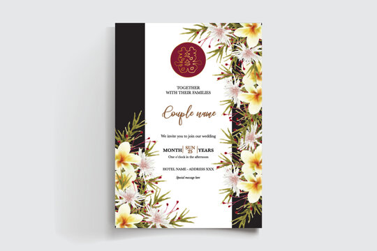 WEDDING INVITATION FRAME WITH FLOWER DECORATIONS AND FRESH LEAVES