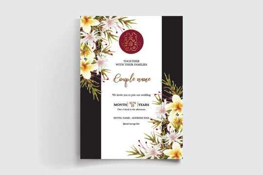 WEDDING INVITATION FRAME WITH FLOWER DECORATIONS AND FRESH LEAVES
