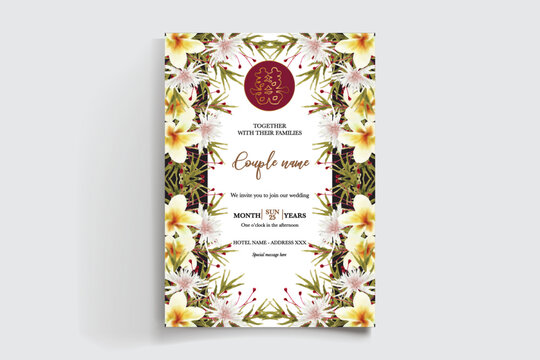 WEDDING INVITATION FRAME WITH FLOWER DECORATIONS AND FRESH LEAVES