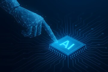 Fototapete - Artificial Intelligence Technology Concept with Digital Hand Touching Chip
