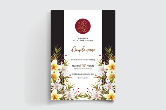 WEDDING INVITATION FRAME WITH FLOWER DECORATIONS AND FRESH LEAVES