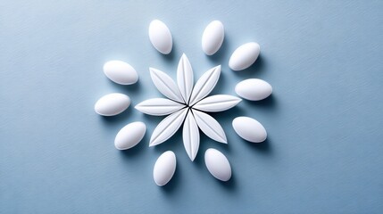 Aufkleber - Clean White Pills Arranged in a Blooming Flower Design on a Soft Blue Backdrop Representing Wellness Minimalism