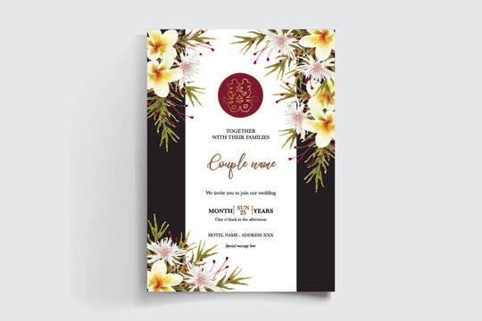 WEDDING INVITATION FRAME WITH FLOWER DECORATIONS AND FRESH LEAVES