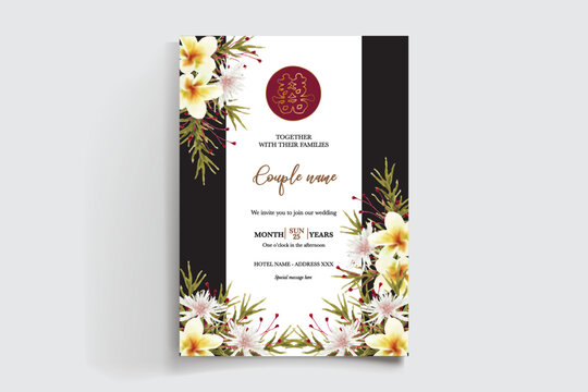 WEDDING INVITATION FRAME WITH FLOWER DECORATIONS AND FRESH LEAVES